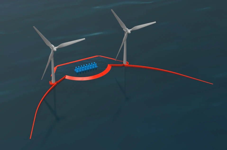 Proposed Wave Dragon unit with reflector wings, a central reservoir and two wind turbines